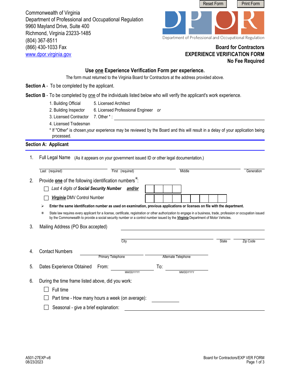 Form A501-27EXP Experience Verification Form - Virginia, Page 1