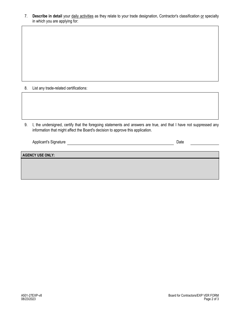 Form A501-27EXP Experience Verification Form - Virginia, Page 2