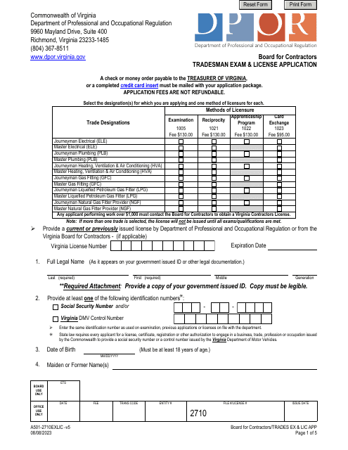 Form A501-2710EXLIC Tradesman Exam & License Application - Virginia