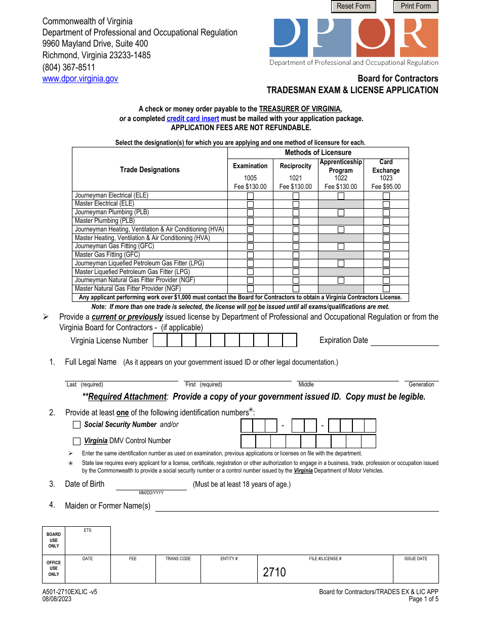 Form A501-2710EXLIC Tradesman Exam  License Application - Virginia, Page 1