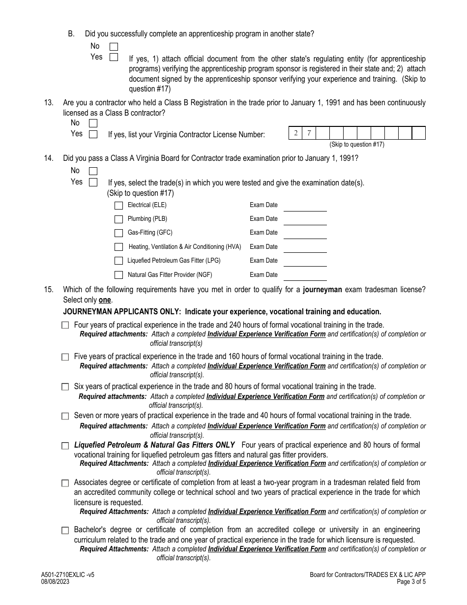 Form A501-2710EXLIC Tradesman Exam  License Application - Virginia, Page 3