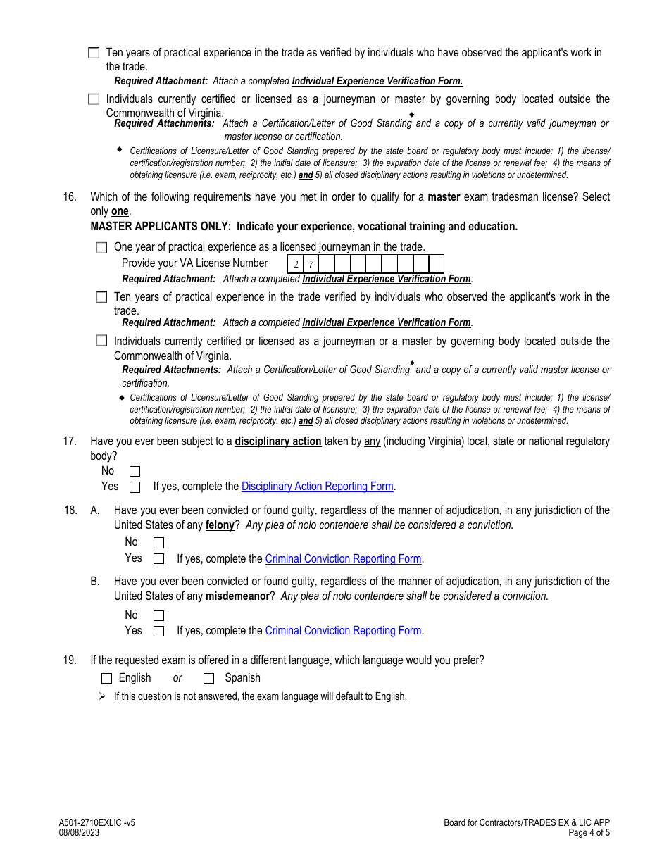 Form A501-2710EXLIC Tradesman Exam  License Application - Virginia, Page 4