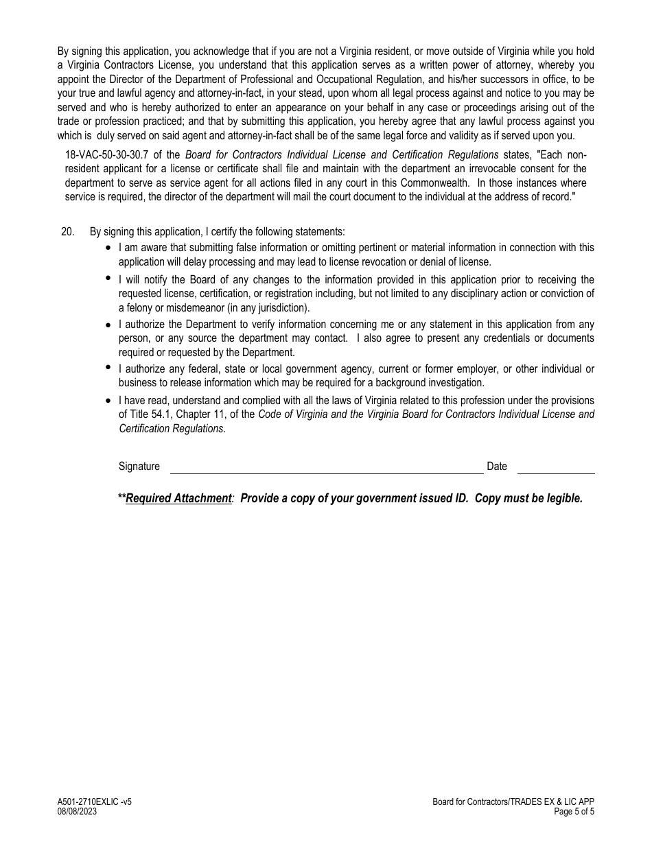 Form A501-2710EXLIC Tradesman Exam  License Application - Virginia, Page 5