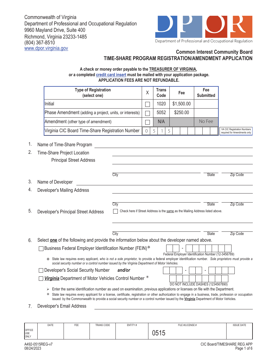 Form A492-0515REG Time-Share Program Registration / Amendment Application - Virginia, Page 1