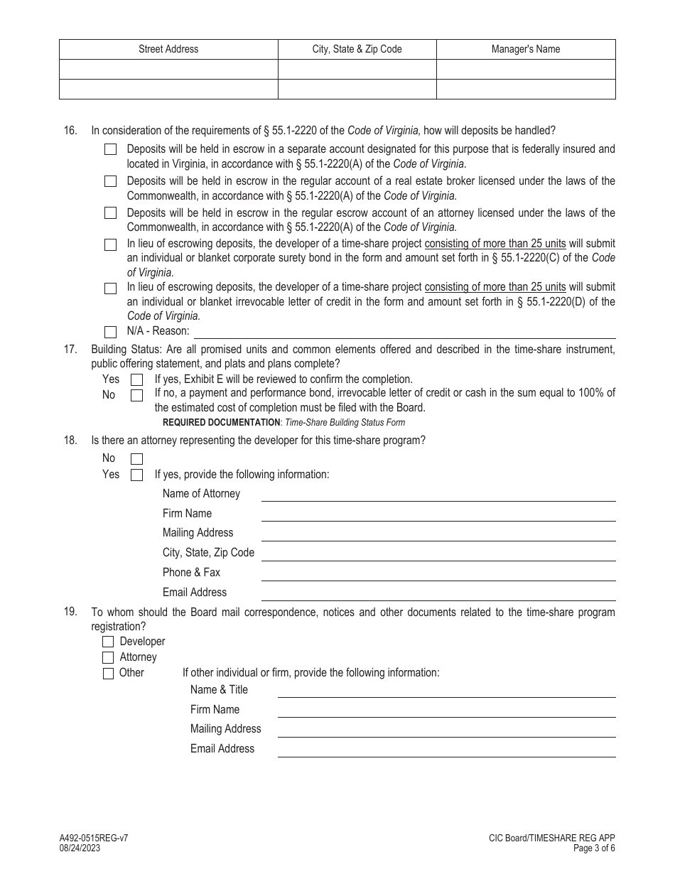 Form A492-0515REG Time-Share Program Registration / Amendment Application - Virginia, Page 3