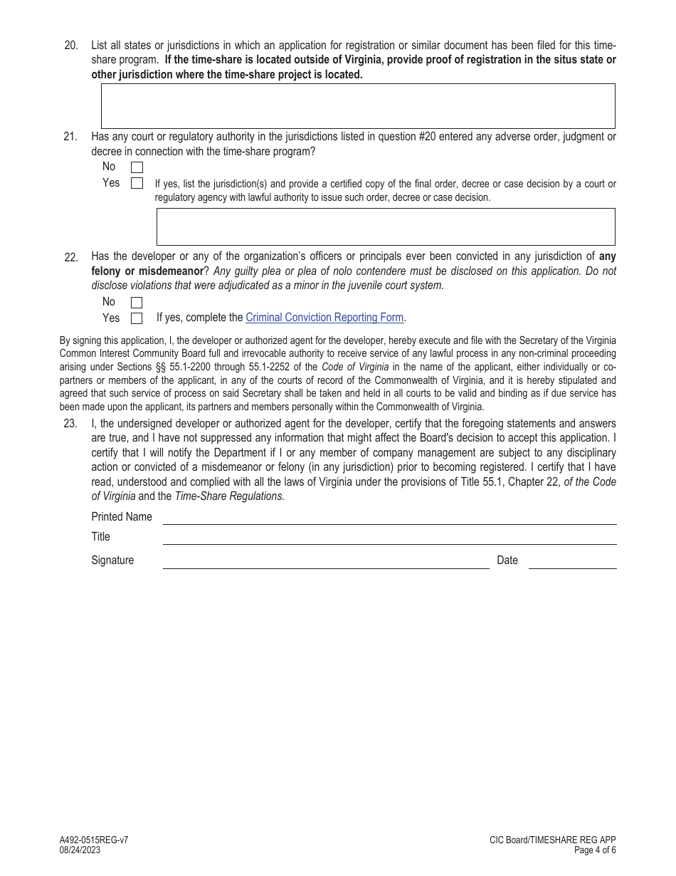 Form A492-0515REG Time-Share Program Registration / Amendment Application - Virginia, Page 4