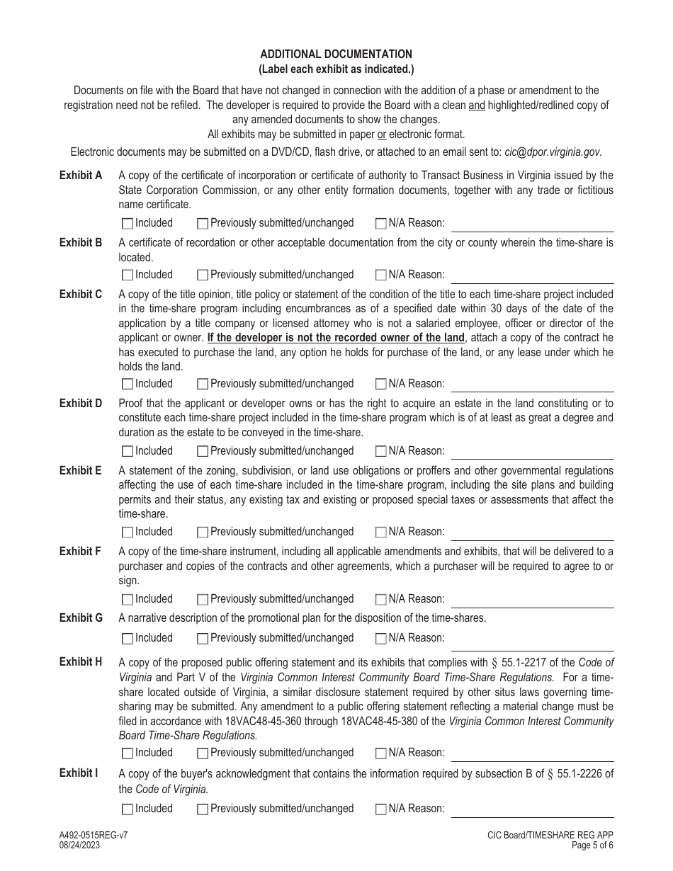 Form A492-0515REG Time-Share Program Registration / Amendment Application - Virginia, Page 5