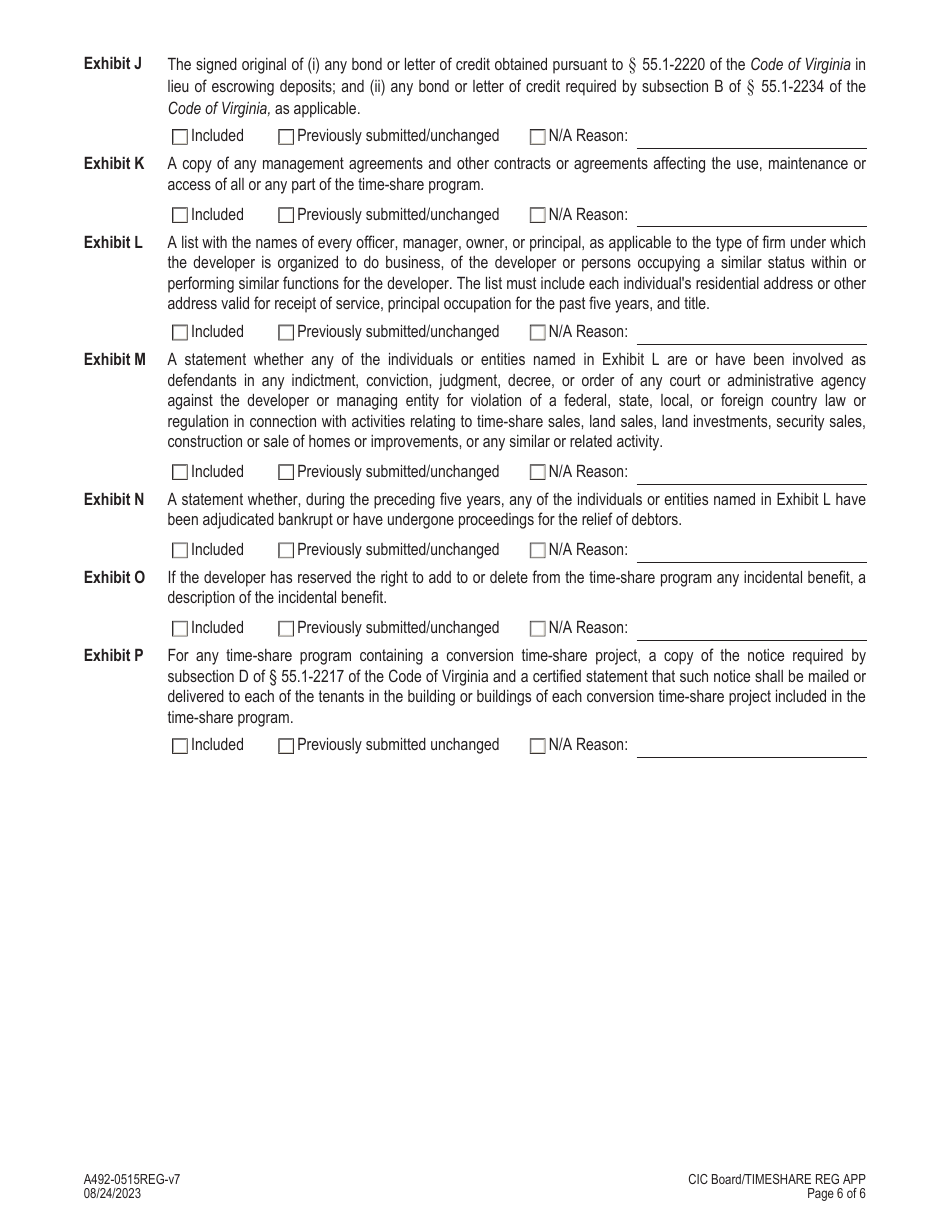 Form A492-0515REG Time-Share Program Registration / Amendment Application - Virginia, Page 6