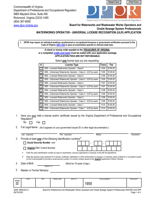 Form AA436-1955ULR Waterworks Operator - Universal License Recognition (Ulr) Application - Virginia