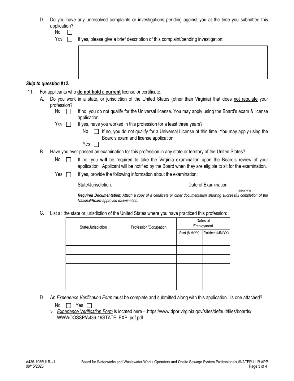 Form A436-1955ULR Waterworks Operator - Universal License Recognition (Ulr) Application - Virginia, Page 3