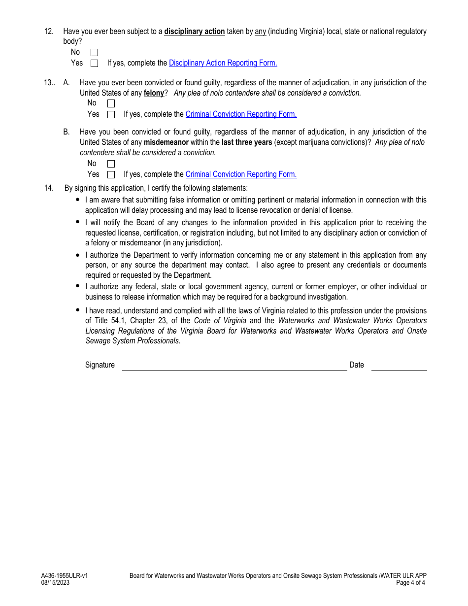 Form A436-1955ULR Waterworks Operator - Universal License Recognition (Ulr) Application - Virginia, Page 4