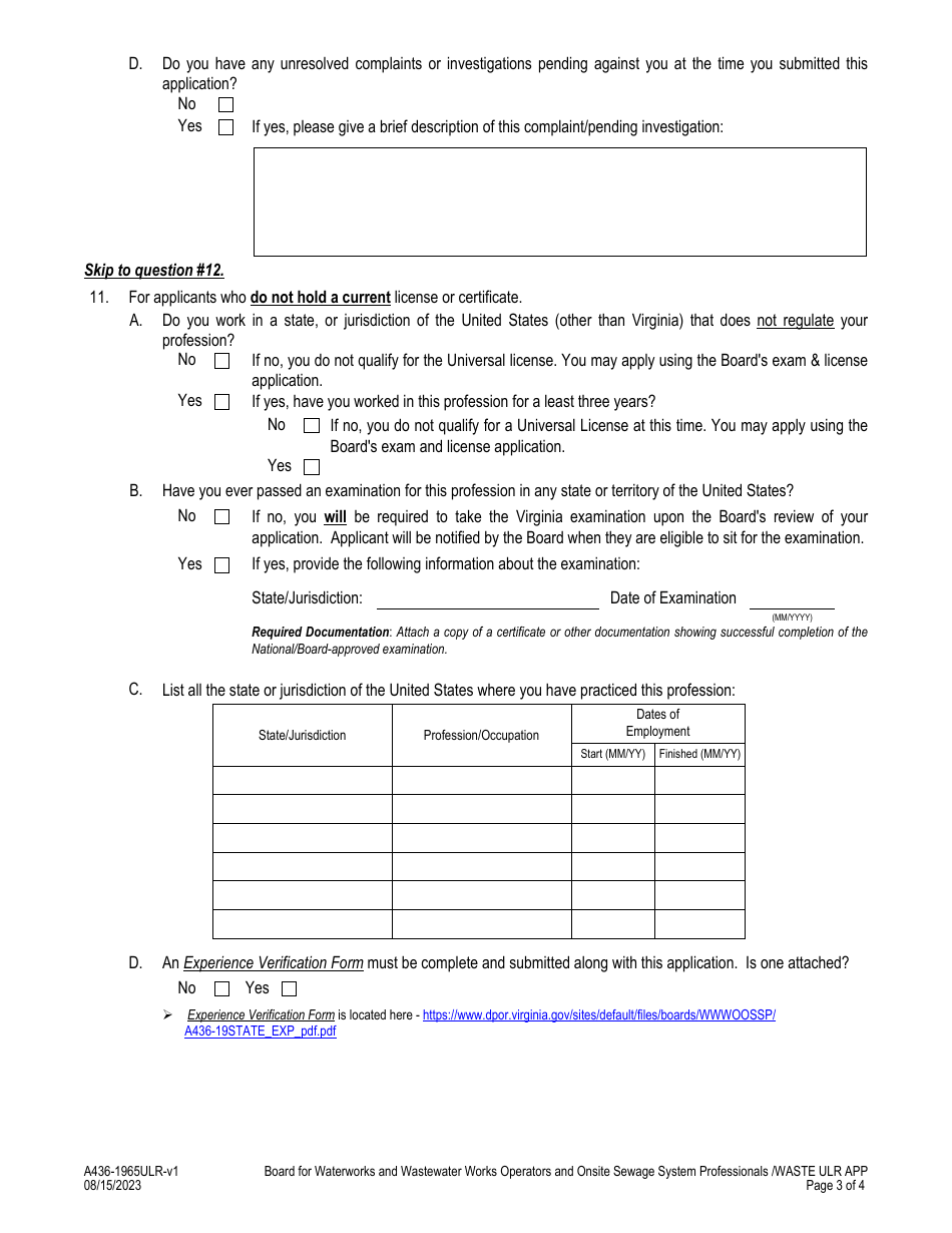 Form A436-1965ULR Wastewater Works Operator - Universal License Recognition (Ulr) Application - Virginia, Page 3