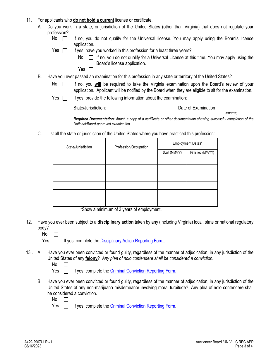 Form A429-2907ULR Auctioneer - Universal License Recognition (Ulr) Application - Virginia, Page 3