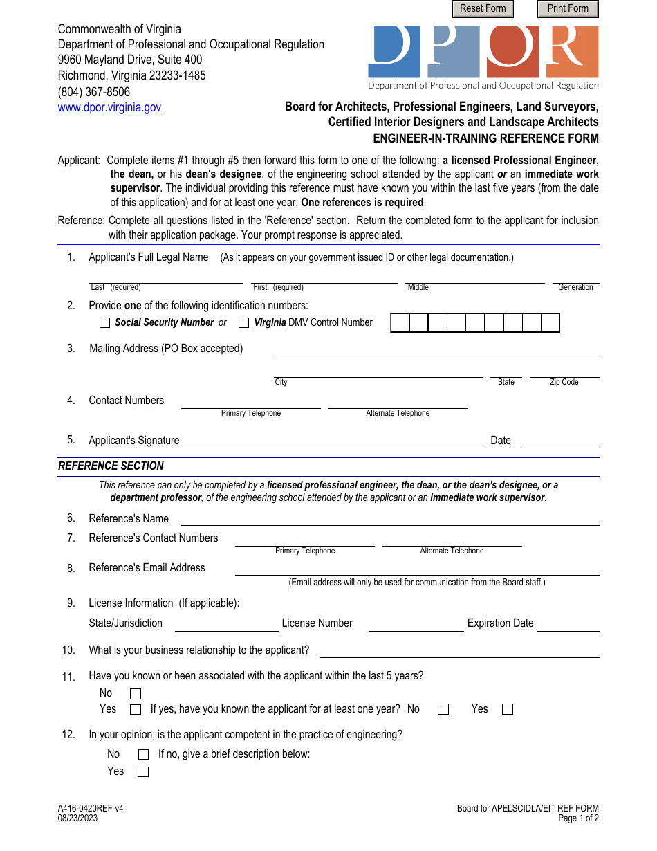 Form A416-0420REF Engineer-In-training Reference Form - Virginia, Page 1