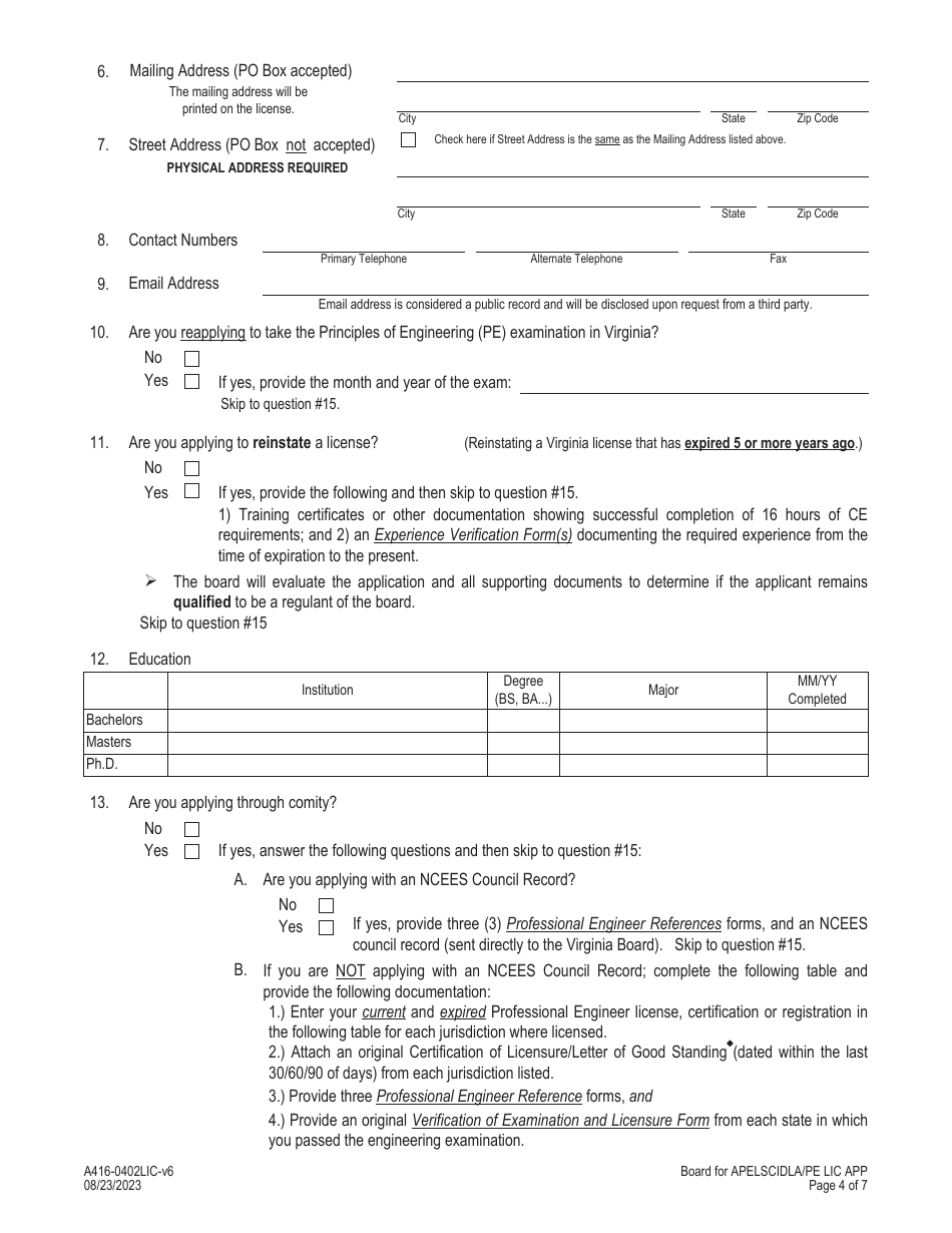 Form A416-0402LIC Professional Engineer License Application - Virginia, Page 4