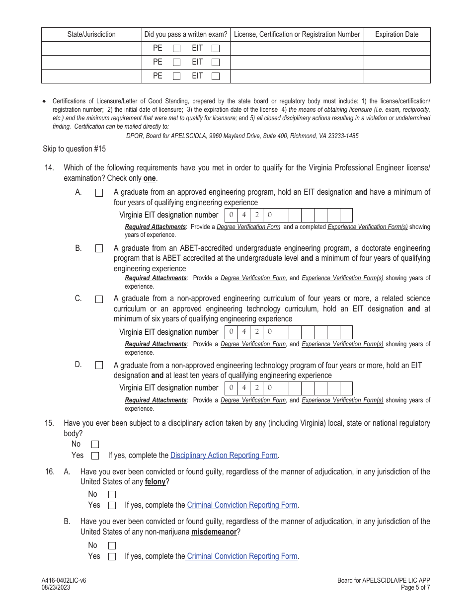Form A416-0402LIC Professional Engineer License Application - Virginia, Page 5