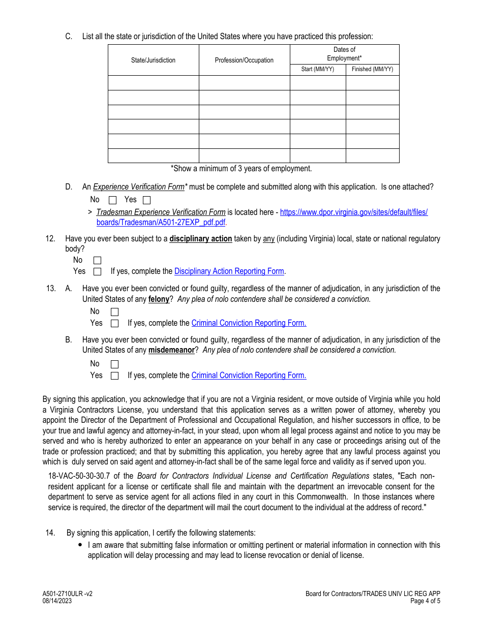 Form A501-2710ULR Tradesman - Universal License Recognition Application - Virginia, Page 4
