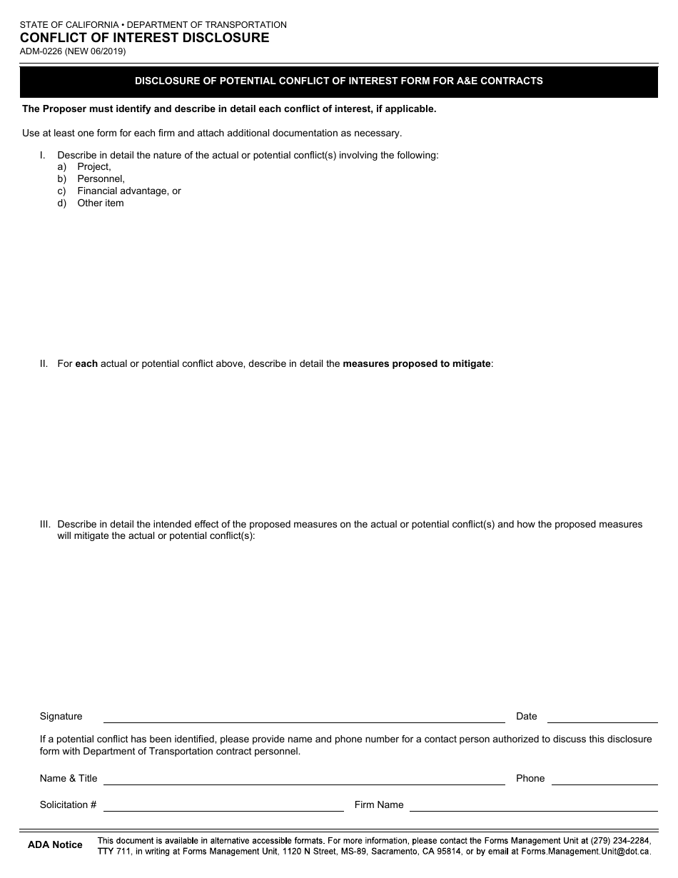 Form ADM-0226 Conflict of Interest Disclosure - California, Page 1