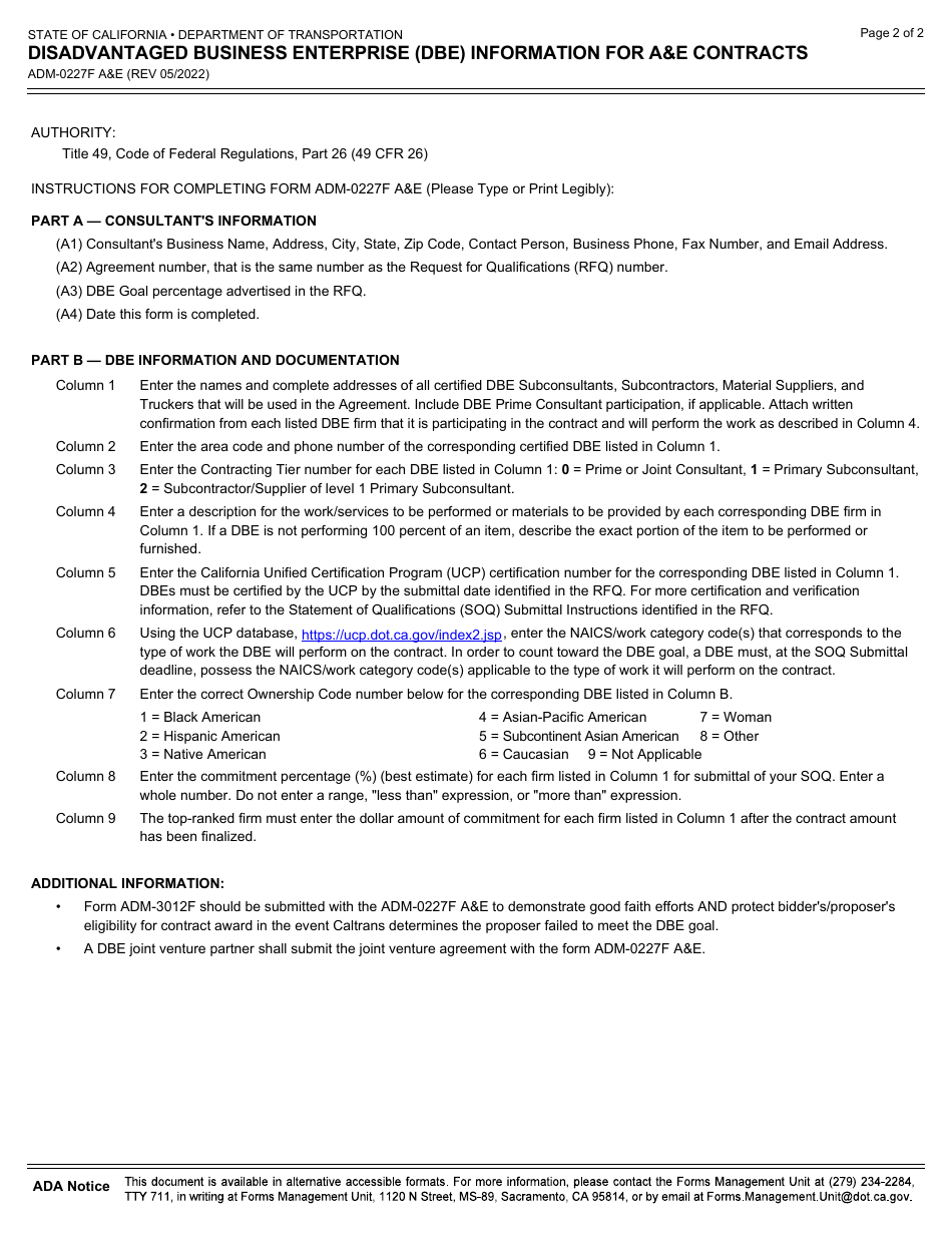 Form ADM-0227F AE Disadvantaged Business Enterprise (Dbe) Information for ae Contracts - California, Page 2
