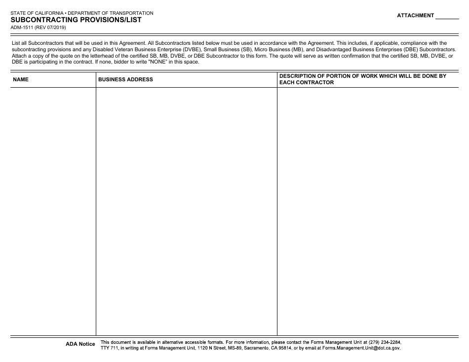 Form ADM-1511 Subcontracting Provisions / List - California, Page 1