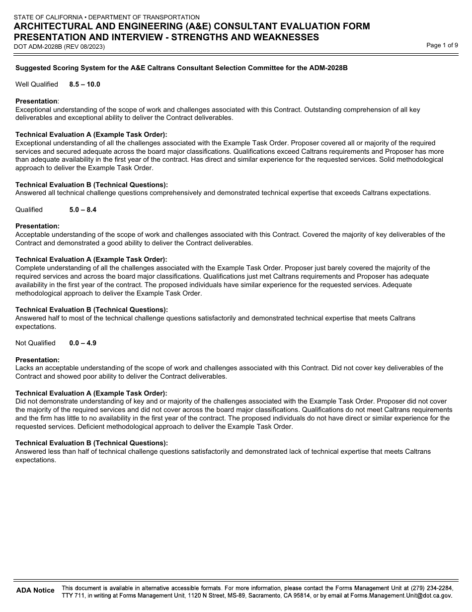 Form DOT ADM-2028B Architectural and Engineering (Ae) Consultant Evaluation Form Presentation and Interview - Strengths and Weaknesses - California, Page 1