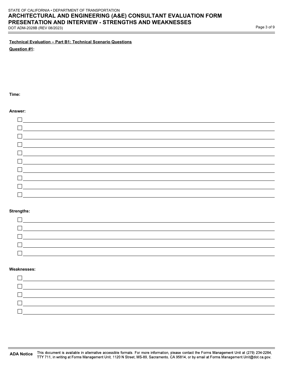 Form DOT ADM-2028B Architectural and Engineering (Ae) Consultant Evaluation Form Presentation and Interview - Strengths and Weaknesses - California, Page 3