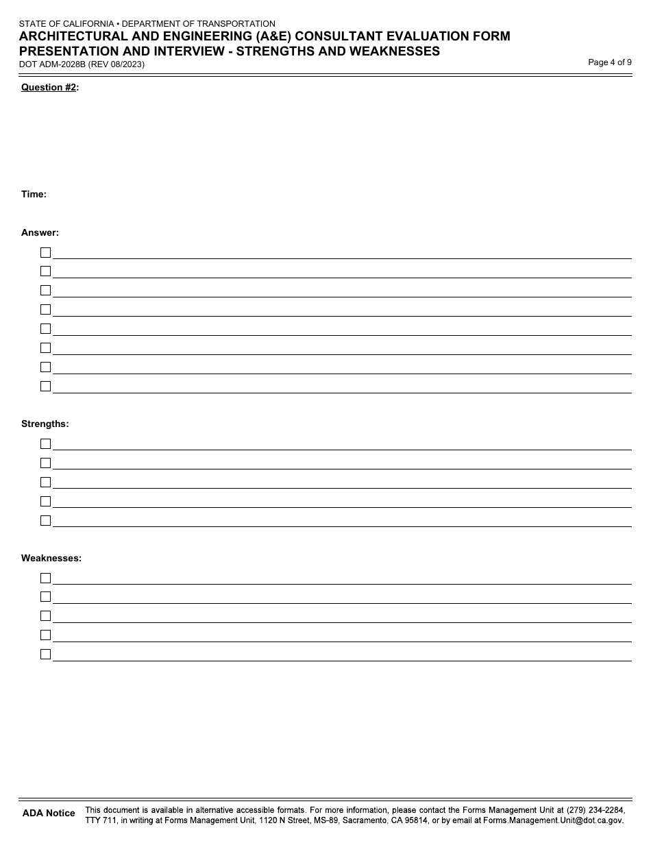 Form DOT ADM-2028B Architectural and Engineering (Ae) Consultant Evaluation Form Presentation and Interview - Strengths and Weaknesses - California, Page 4