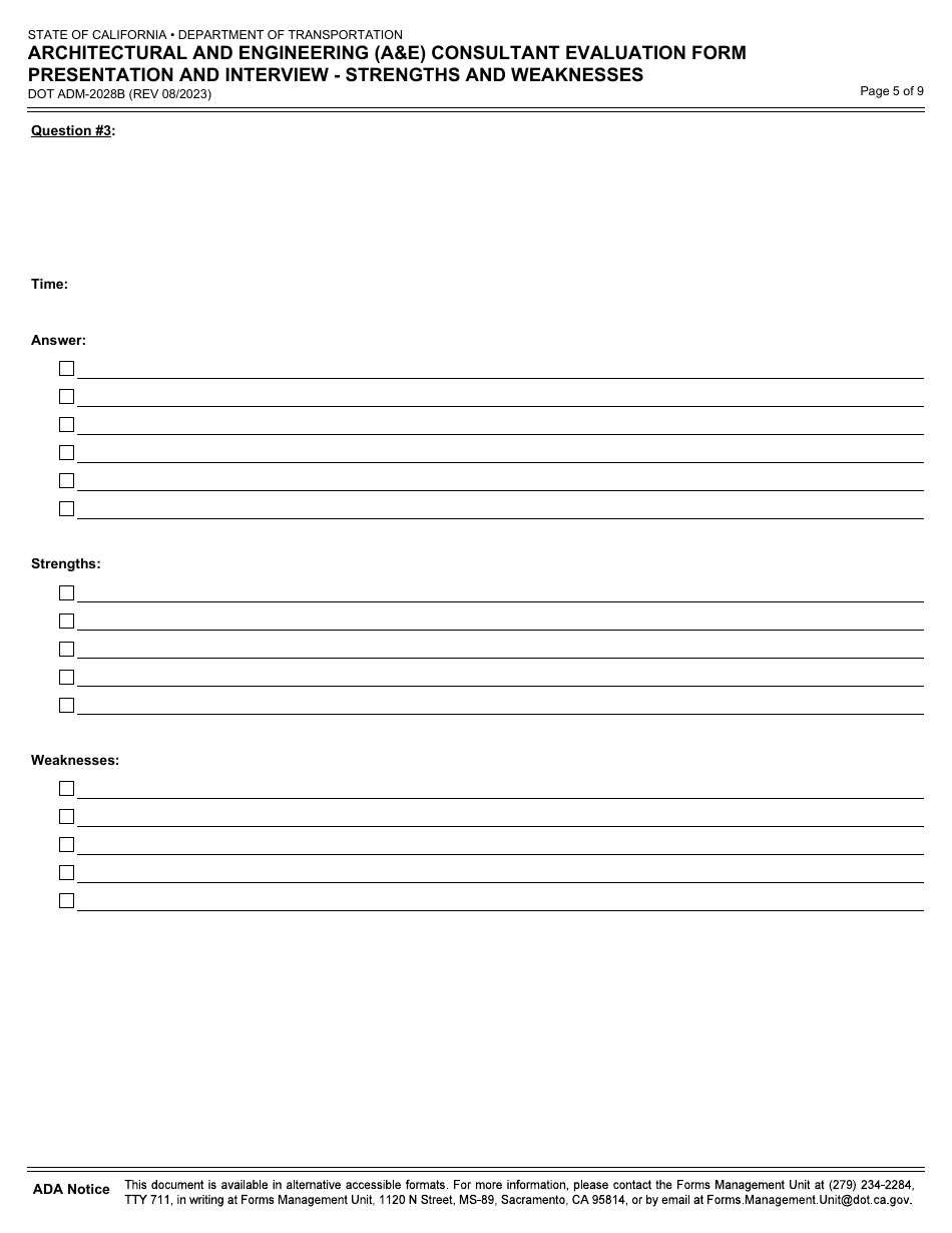 Form DOT ADM-2028B Architectural and Engineering (Ae) Consultant Evaluation Form Presentation and Interview - Strengths and Weaknesses - California, Page 5