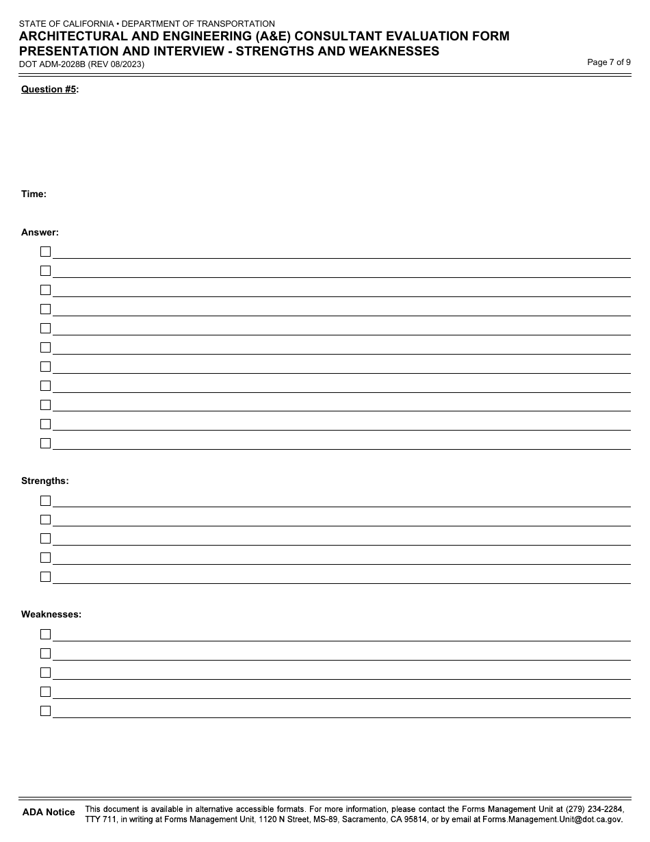 Form DOT ADM-2028B Architectural and Engineering (Ae) Consultant Evaluation Form Presentation and Interview - Strengths and Weaknesses - California, Page 7