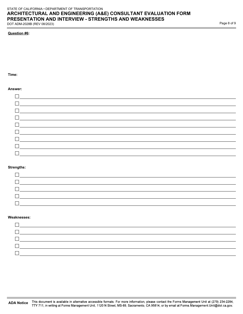 Form DOT ADM-2028B Architectural and Engineering (Ae) Consultant Evaluation Form Presentation and Interview - Strengths and Weaknesses - California, Page 8