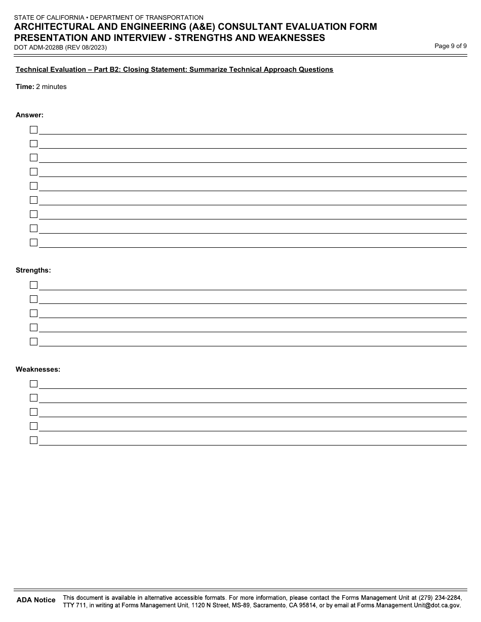 Form DOT ADM-2028B Architectural and Engineering (Ae) Consultant Evaluation Form Presentation and Interview - Strengths and Weaknesses - California, Page 9