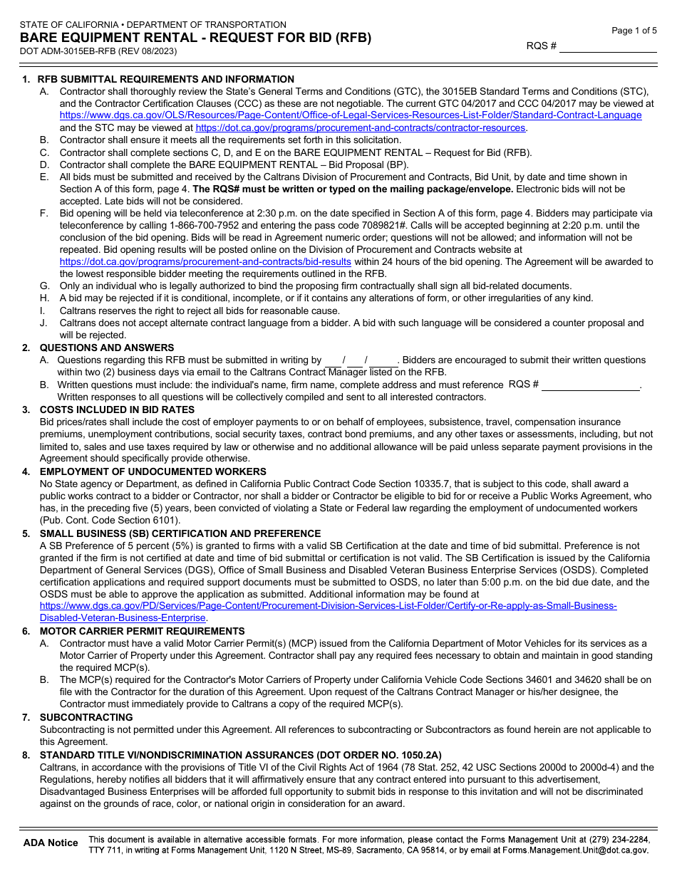 Form DOT ADM-3015EB-RFB Bare Equipment Rental - Request for Bid (Rfb) - California, Page 1