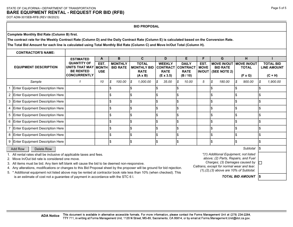 Form DOT ADM-3015EB-RFB Bare Equipment Rental - Request for Bid (Rfb) - California, Page 5