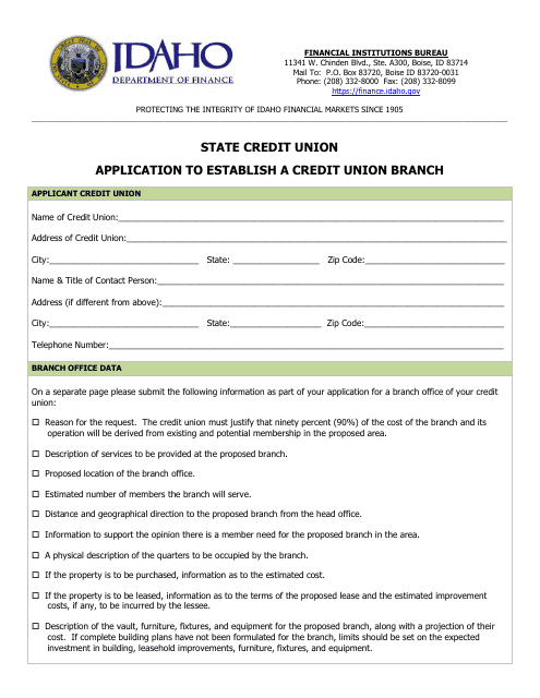 Application to Establish a Credit Union Branch - Idaho