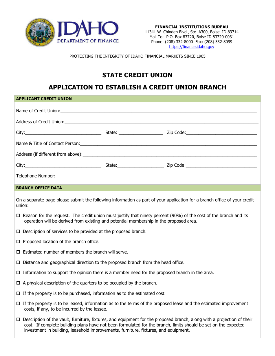 Application to Establish a Credit Union Branch - Idaho, Page 1