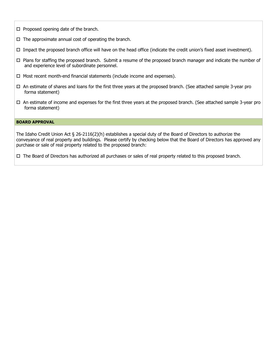 Application to Establish a Credit Union Branch - Idaho, Page 2
