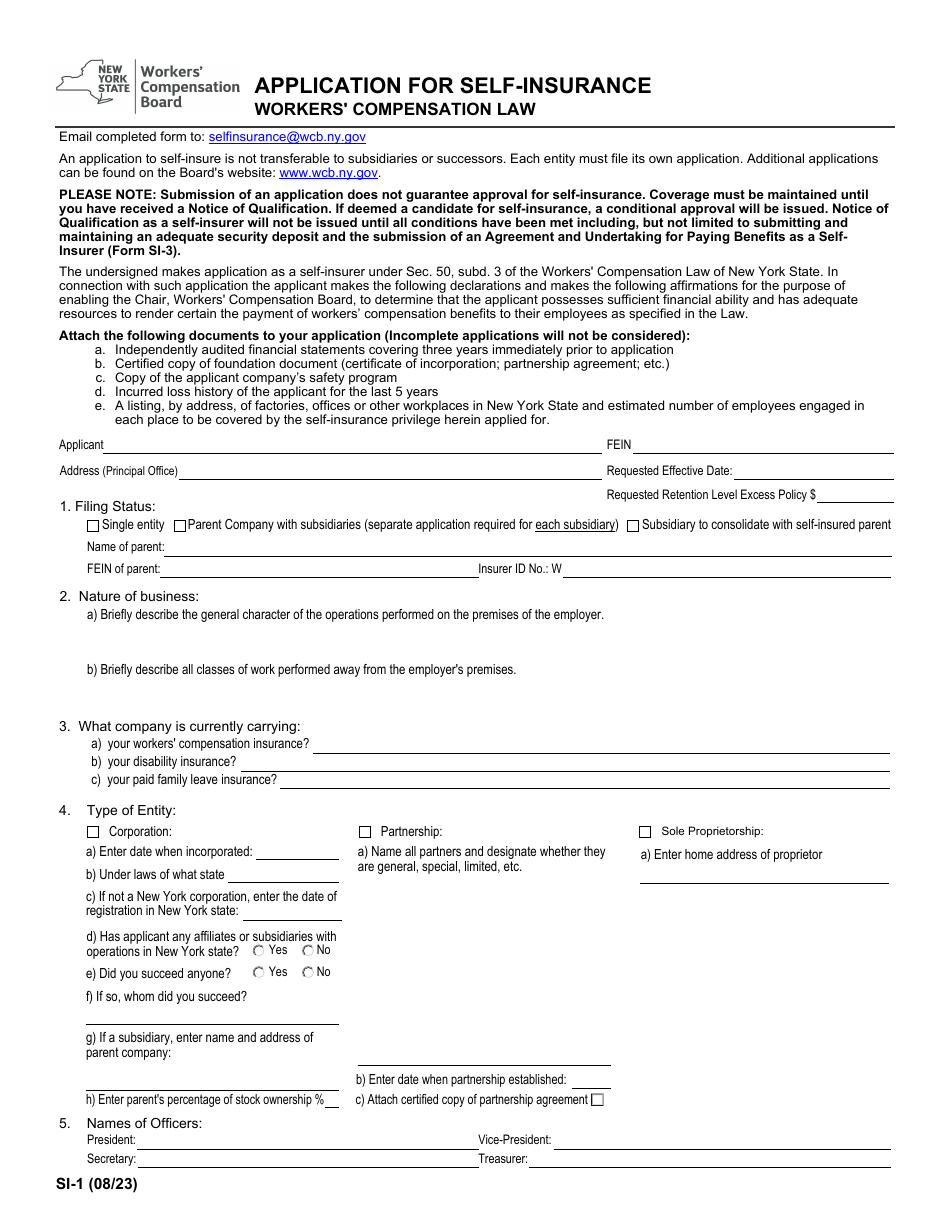 Form SI-1 Application for Self-insurance - New York, Page 1