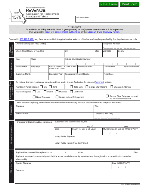 Form 1576 Application for Replacement Plate(S) and Tab(S) - Missouri