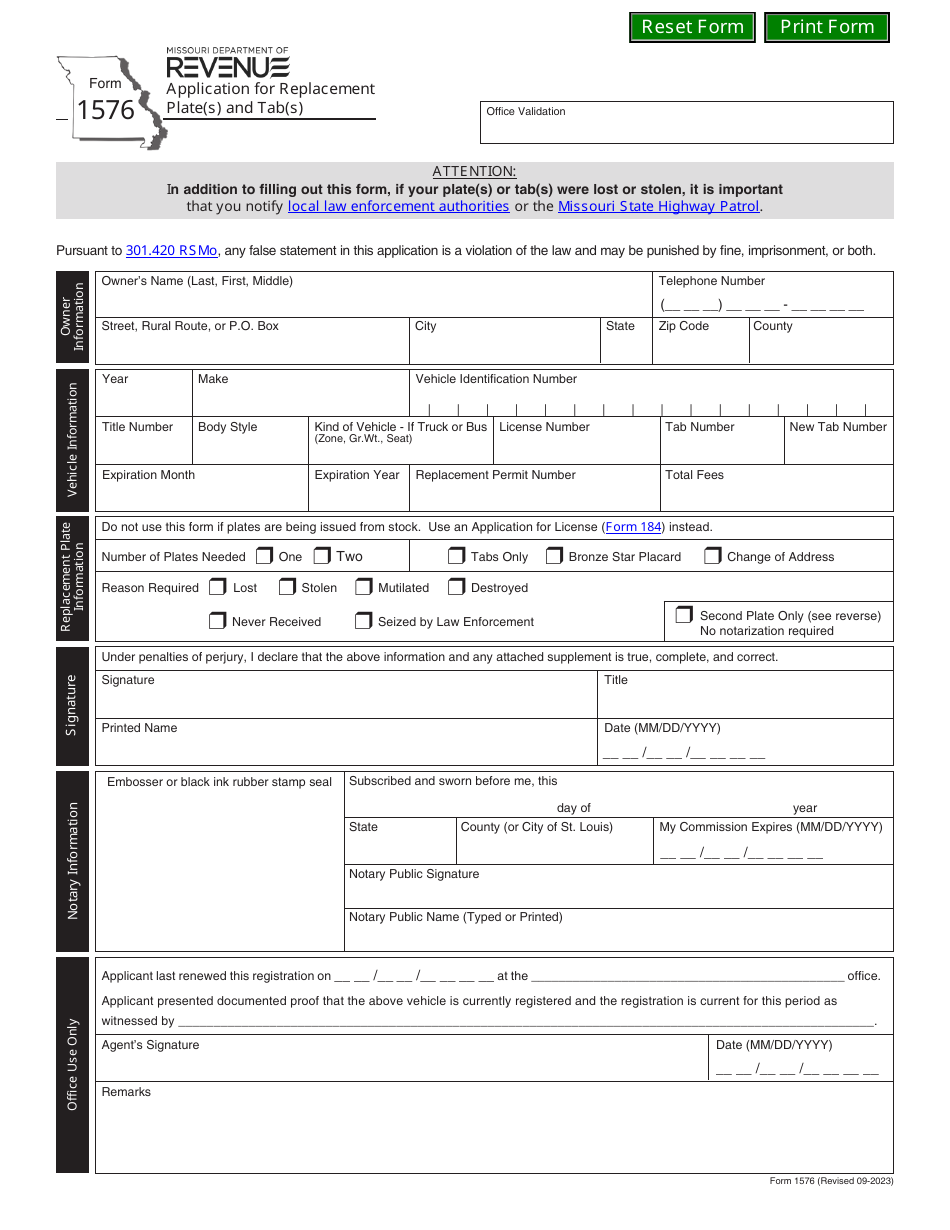 Form 1576 Application for Replacement Plate(S) and Tab(S) - Missouri, Page 1