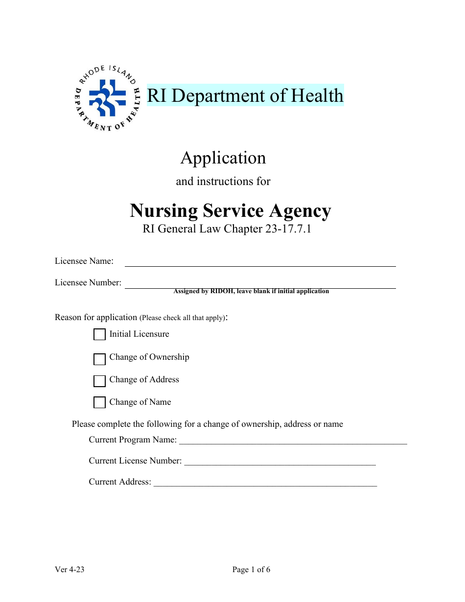 Nursing Service Agency Application - Rhode Island, Page 1