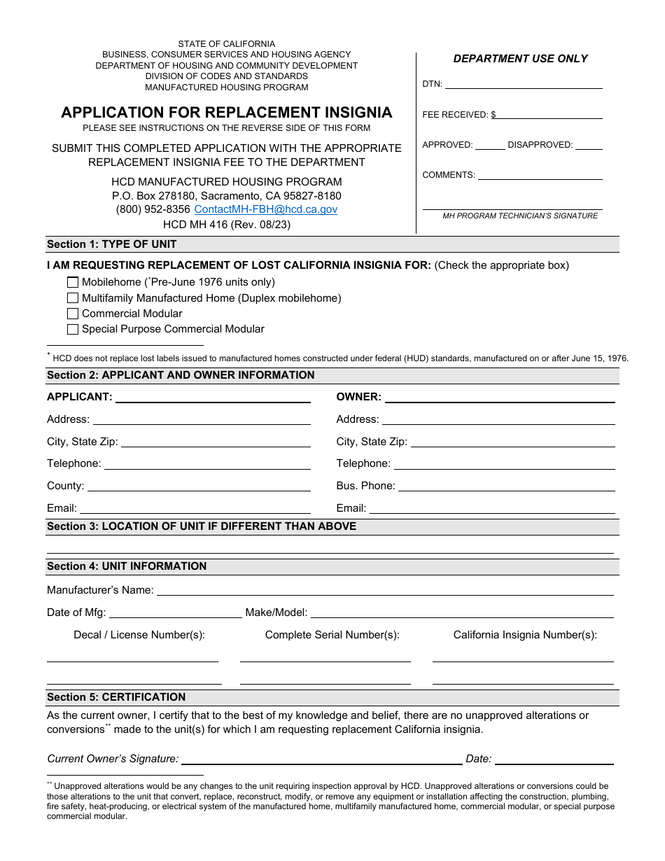 Form HCD MH416 Download Fillable PDF or Fill Online Application for ...