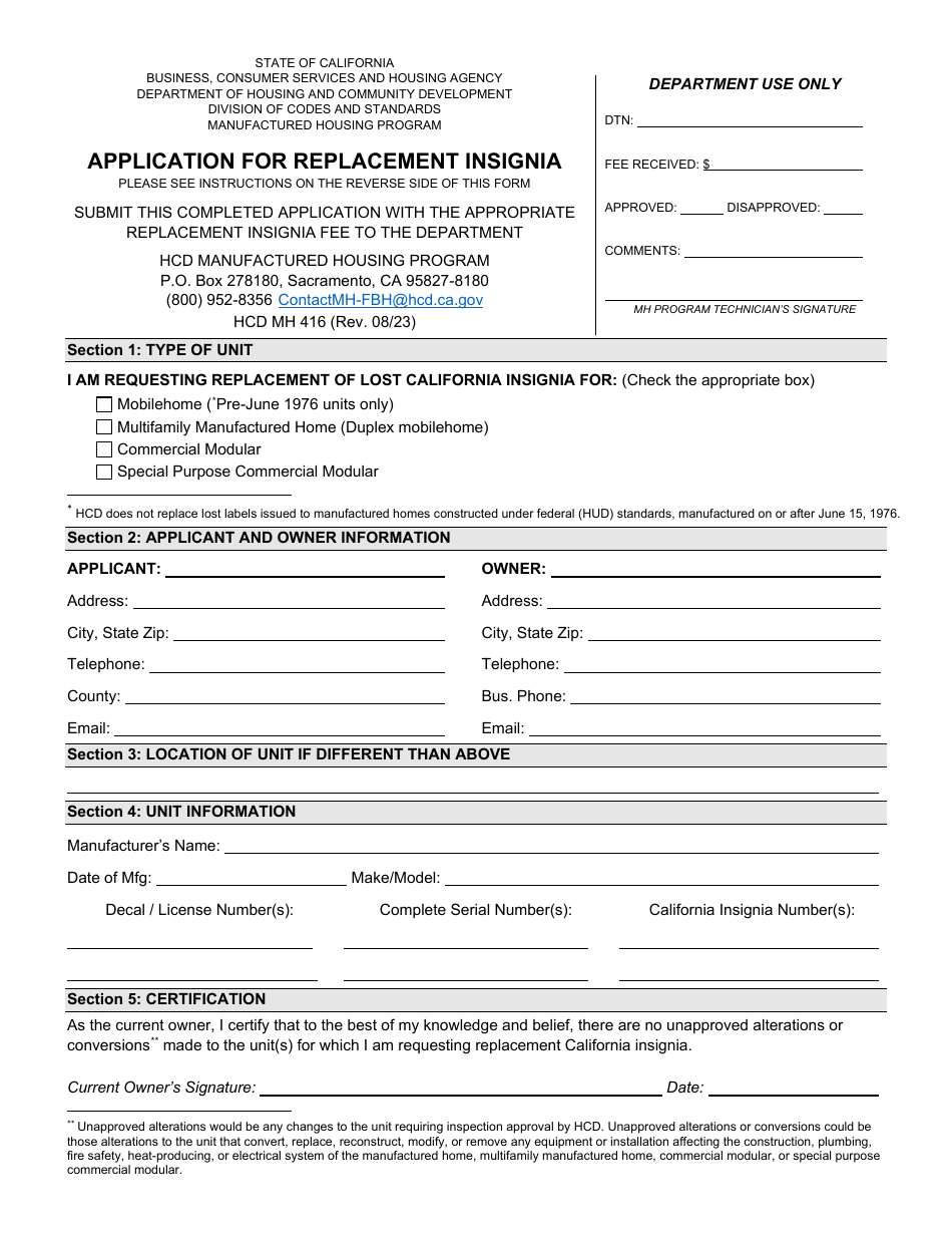 Form HCD MH416 Application for Replacement Insignia - California, Page 1