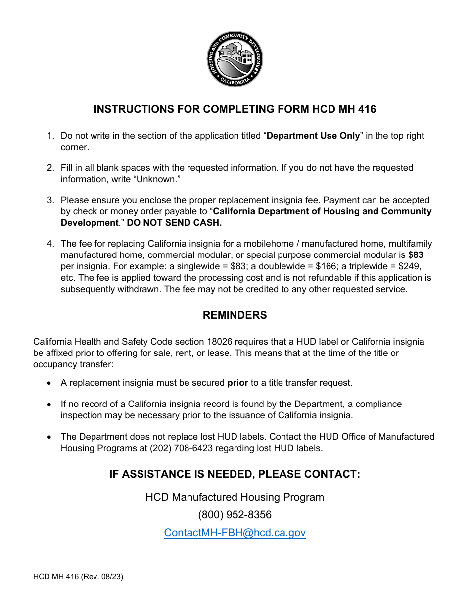 Form HCD MH416 Application for Replacement Insignia - California, Page 2