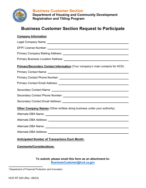 Form HCD RT820 Business Customer Section Request to Participate - California