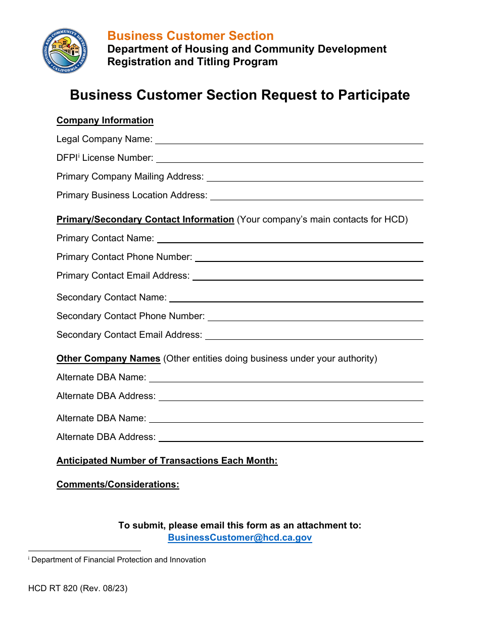 Form HCD RT820 Business Customer Section Request to Participate - California, Page 1