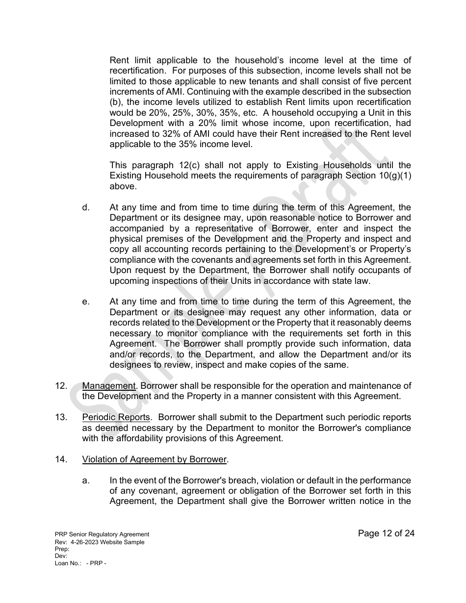 Senior Regulatory Agreement - Portfolio Reinvestment Program - Sample / Draft - California, Page 12