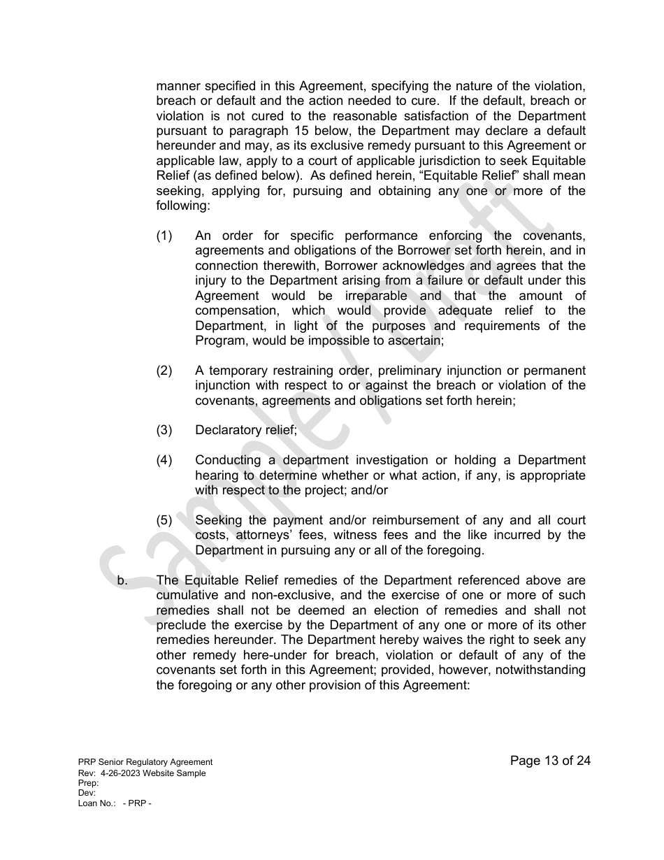 Senior Regulatory Agreement - Portfolio Reinvestment Program - Sample / Draft - California, Page 13