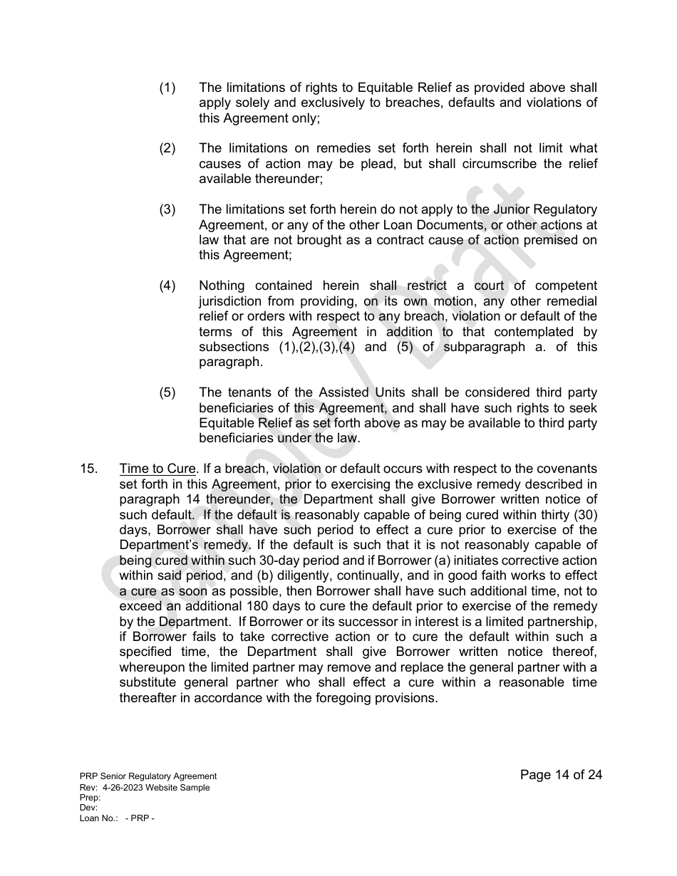 Senior Regulatory Agreement - Portfolio Reinvestment Program - Sample / Draft - California, Page 14