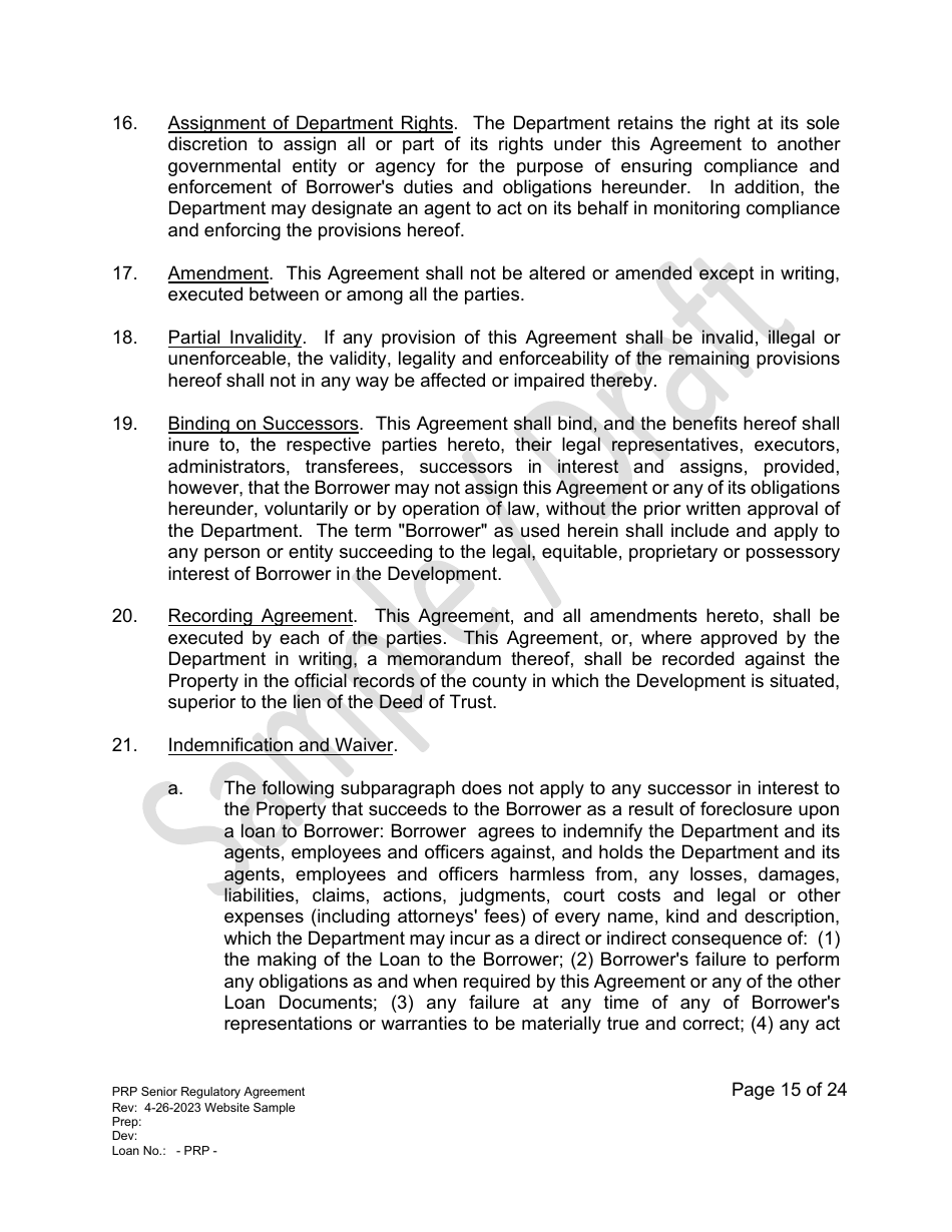 Senior Regulatory Agreement - Portfolio Reinvestment Program - Sample / Draft - California, Page 15
