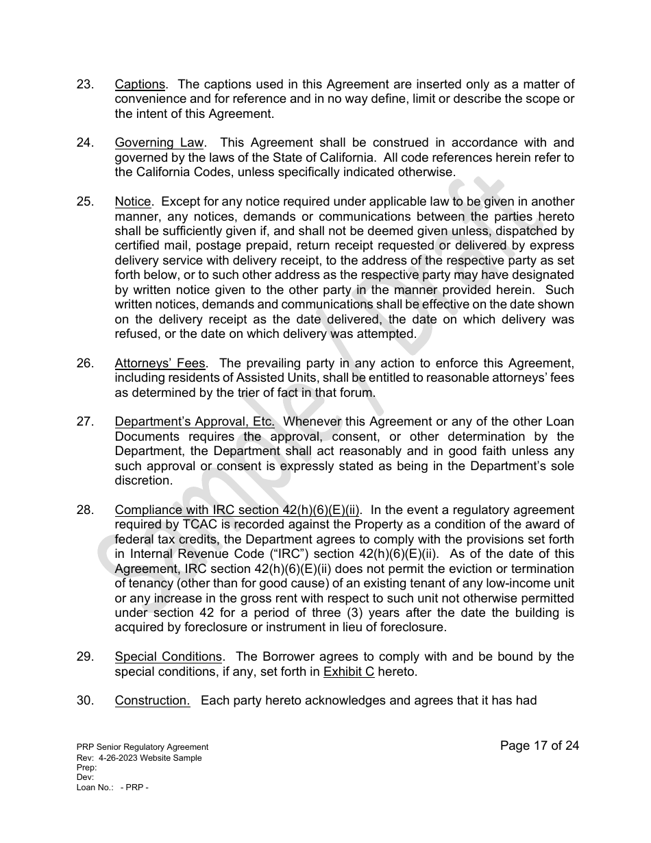 Senior Regulatory Agreement - Portfolio Reinvestment Program - Sample / Draft - California, Page 17